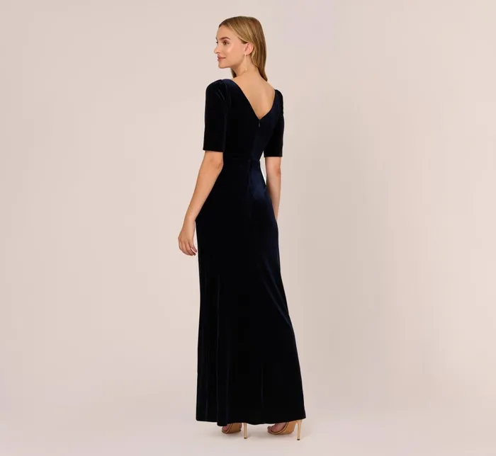 Adrianna Papell Formal Dresses Shirred Velvet Gown With ElbowLength Sleeves In Midnight 8211 Women