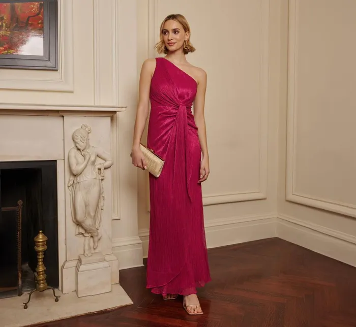 Adrianna Papell Formal Dresses Stardust Pleated Draped One Shoulder Gown In Magenta 8211 Women