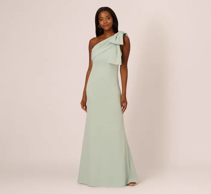 Adrianna Papell Formal Dresses Stretch Crepe One Shoulder Mermaid Gown With Bow Accent In Icy Sage 8211 Women