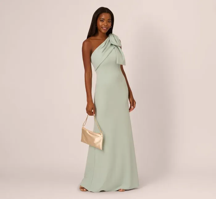Adrianna Papell Formal Dresses Stretch Crepe One Shoulder Mermaid Gown With Bow Accent In Icy Sage 8211 Women