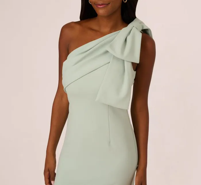 Adrianna Papell Formal Dresses Stretch Crepe One Shoulder Mermaid Gown With Bow Accent In Icy Sage 8211 Women