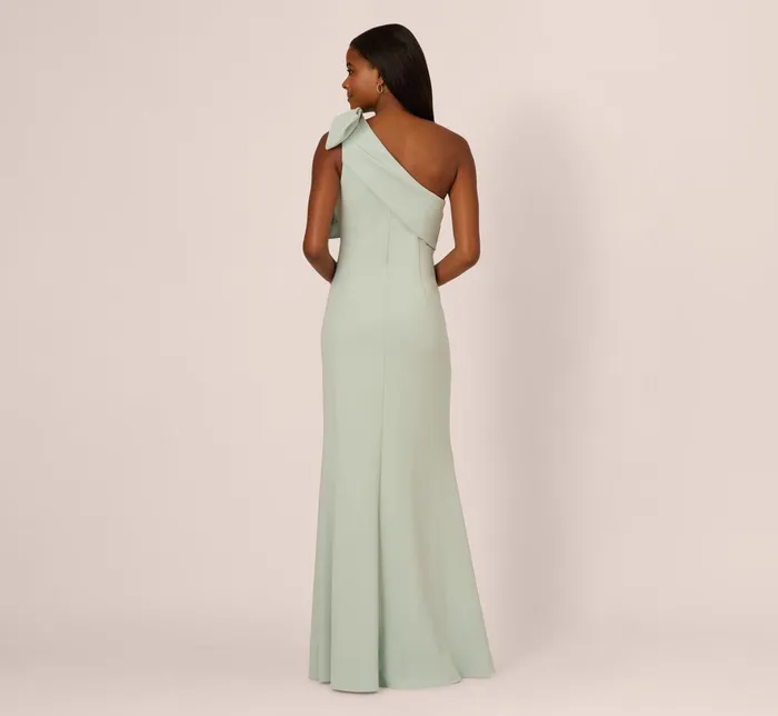 Adrianna Papell Formal Dresses Stretch Crepe One Shoulder Mermaid Gown With Bow Accent In Icy Sage 8211 Women