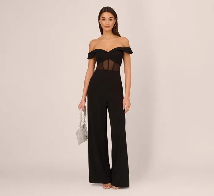 Adrianna Papell Jumpsuits Off The Shoulder Jumpsuit With Sheer Corset Bodice In Black 8211 Women