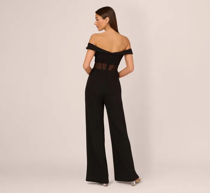 Adrianna Papell Jumpsuits Off The Shoulder Jumpsuit With Sheer Corset Bodice In Black 8211 Women