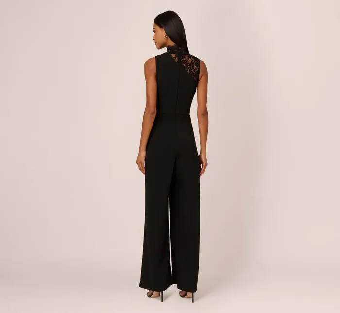 Adrianna Papell Jumpsuits Sleeveless Wide Leg Jumpsuit With Lace Neckline In Black 8211 Women