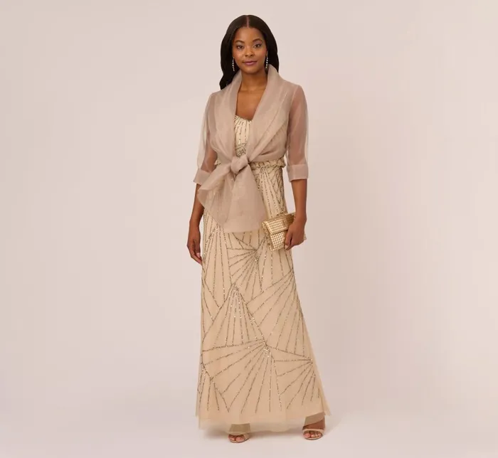 Adrianna Papell Shawls and Wraps Organza Wrap Jacket With Short Sleeves In Champagne 8211 Women