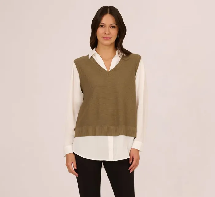 Adrianna Papell Sweaters Sweater Vest Collared Twofer Shirt In Smokey Olive Ivory 8211 Women Adrianna Papell Sweaters Sweater Vest Collared Twofer Shirt In Smokey Olive Ivory 8211 Women