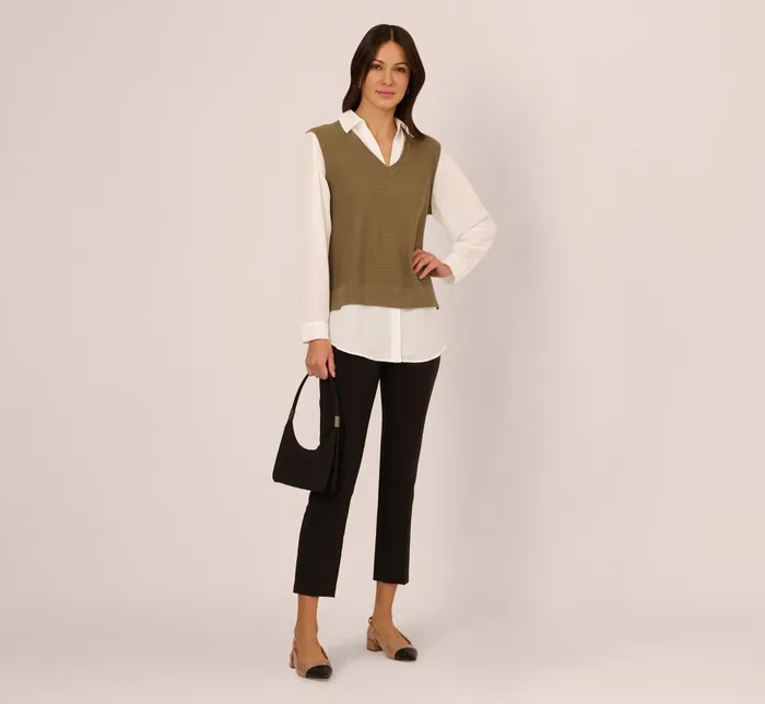 Adrianna Papell Sweaters Sweater Vest Collared Twofer Shirt In Smokey Olive Ivory 8211 Women