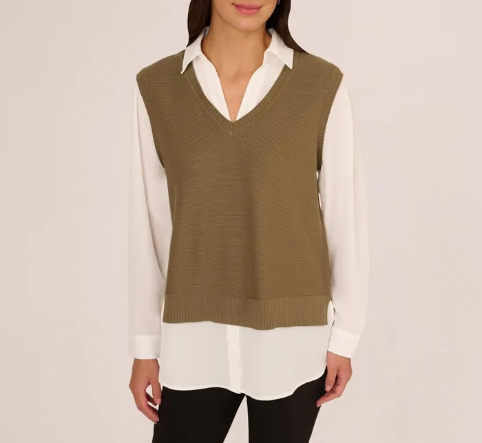 Adrianna Papell Sweaters Sweater Vest Collared Twofer Shirt In Smokey Olive Ivory 8211 Women