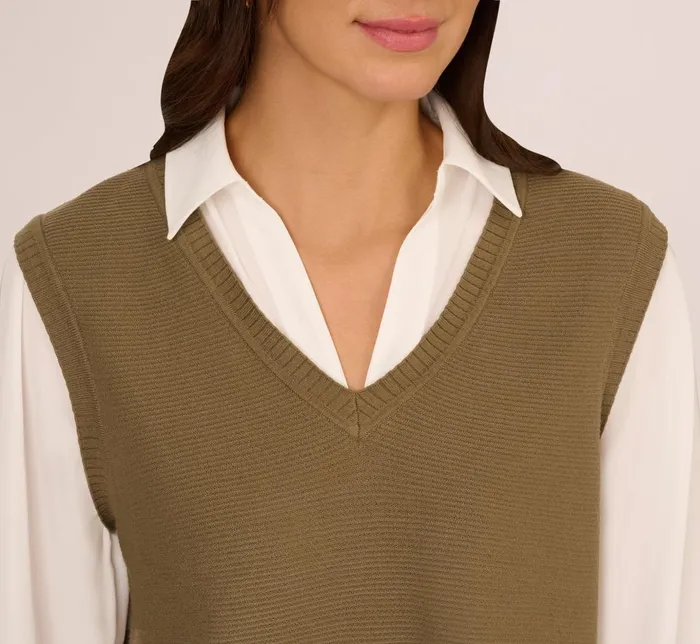 Adrianna Papell Sweaters Sweater Vest Collared Twofer Shirt In Smokey Olive Ivory 8211 Women