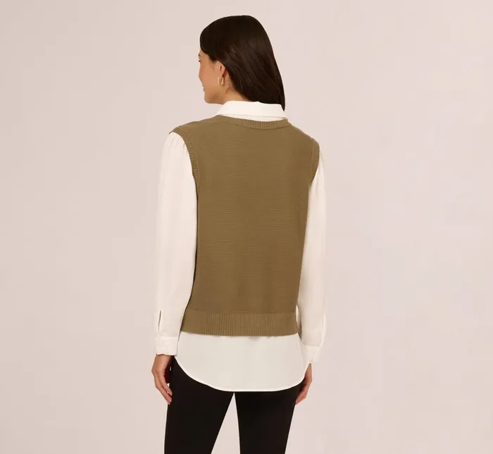 Adrianna Papell Sweaters Sweater Vest Collared Twofer Shirt In Smokey Olive Ivory 8211 Women