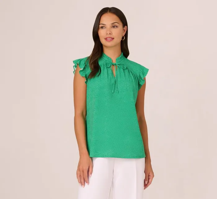 Adrianna Papell Tops and Blouses Printed Flutter Sleeve Top With Tie Neck In Emerald Ivory Micro Dot 8211 Women