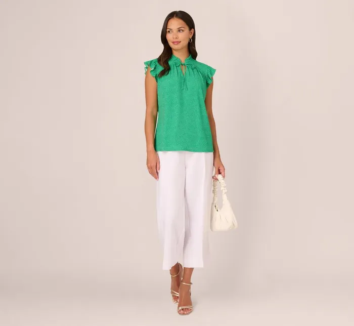 Adrianna Papell Tops and Blouses Printed Flutter Sleeve Top With Tie Neck In Emerald Ivory Micro Dot 8211 Women