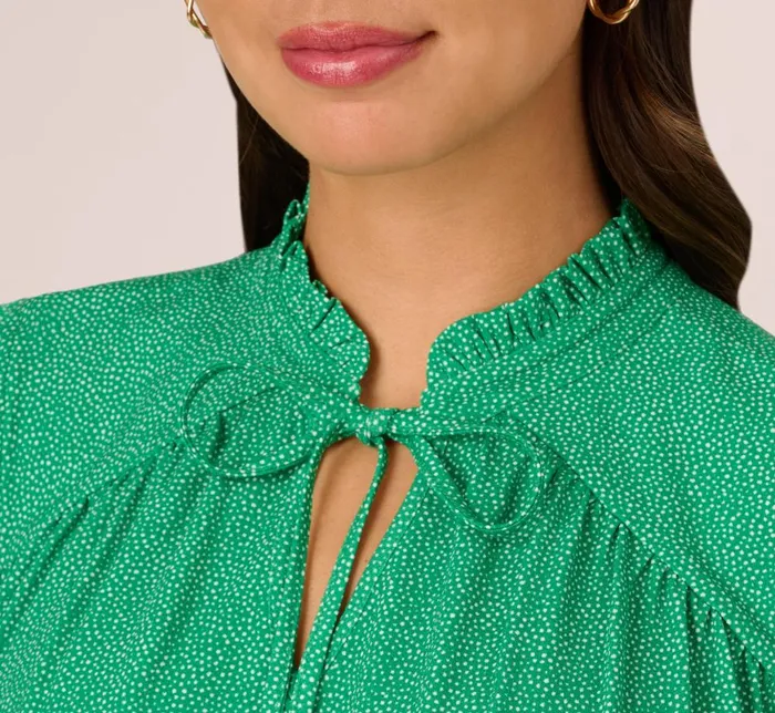 Adrianna Papell Tops and Blouses Printed Flutter Sleeve Top With Tie Neck In Emerald Ivory Micro Dot 8211 Women