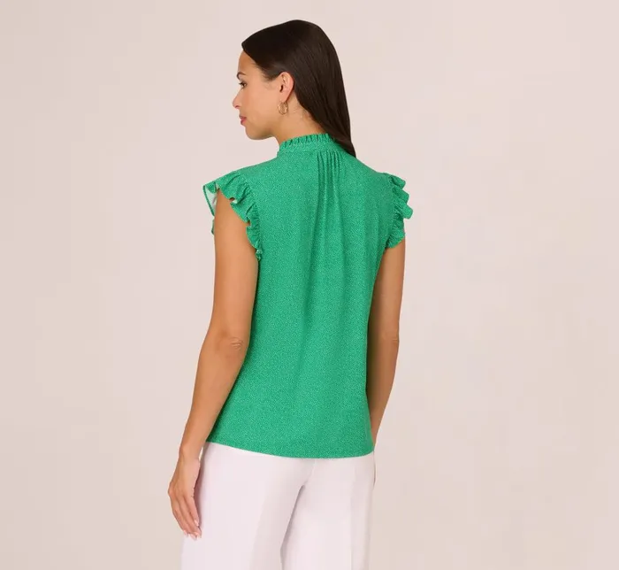 Adrianna Papell Tops and Blouses Printed Flutter Sleeve Top With Tie Neck In Emerald Ivory Micro Dot 8211 Women