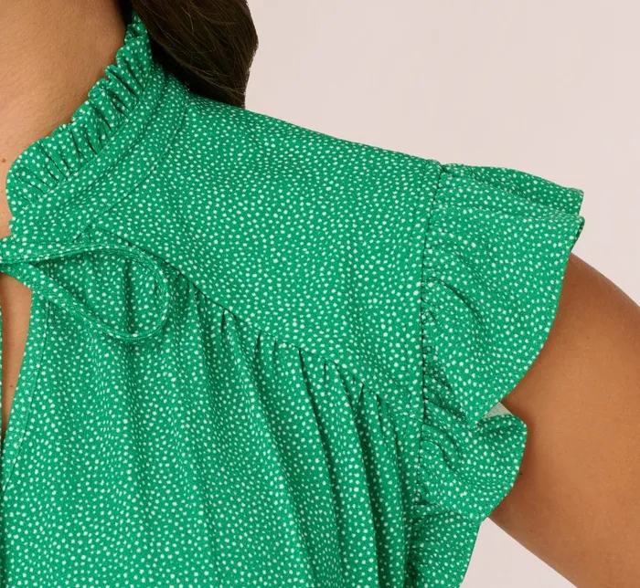 Adrianna Papell Tops and Blouses Printed Flutter Sleeve Top With Tie Neck In Emerald Ivory Micro Dot 8211 Women
