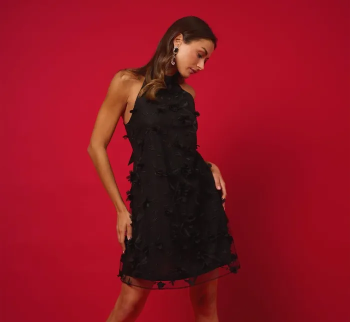Adrianna Papell Wedding Guest Dresses 3d Floral Embroidered Trapeze Dress With Open Bow Back In Black 8211 Women