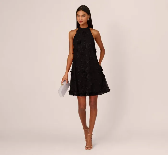 Adrianna Papell Wedding Guest Dresses 3d Floral Embroidered Trapeze Dress With Open Bow Back In Black 8211 Women
