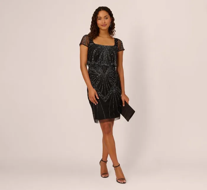 Adrianna Papell Wedding Guest Dresses Beaded Popover Dress With Sheer Cap Sleeves In Black Gunmetal 8211 Women