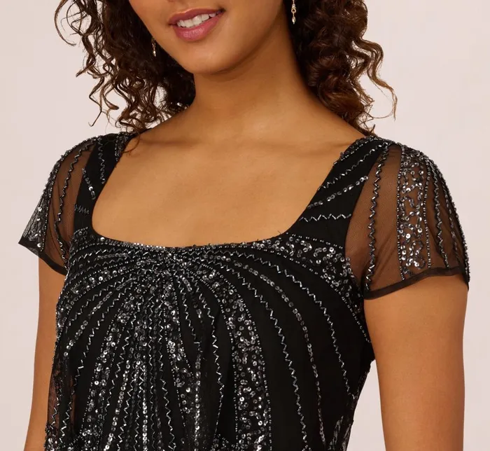 Adrianna Papell Wedding Guest Dresses Beaded Popover Dress With Sheer Cap Sleeves In Black Gunmetal 8211 Women