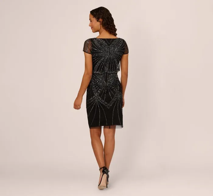Adrianna Papell Wedding Guest Dresses Beaded Popover Dress With Sheer Cap Sleeves In Black Gunmetal 8211 Women