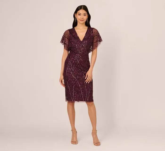 Adrianna Papell Wedding Guest Dresses Beaded Surplice Midi Dress With Dolman Sleeves In Deep Amethyst 8211 Women Adrianna Papell Wedding Guest Dresses Beaded Surplice Midi Dress With Dolman Sleeves In Deep Amethyst 8211 Women