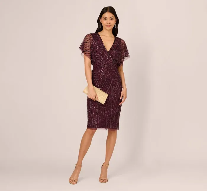Adrianna Papell Wedding Guest Dresses Beaded Surplice Midi Dress With Dolman Sleeves In Deep Amethyst 8211 Women