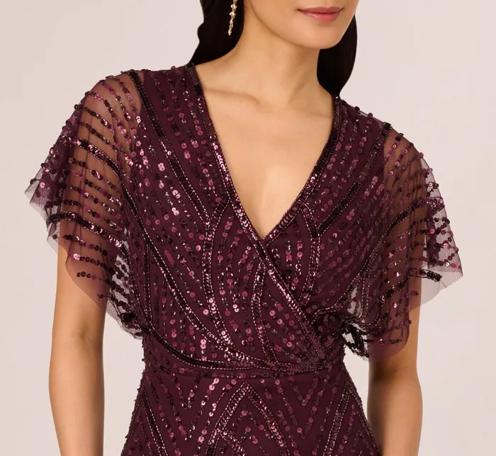 Adrianna Papell Wedding Guest Dresses Beaded Surplice Midi Dress With Dolman Sleeves In Deep Amethyst 8211 Women