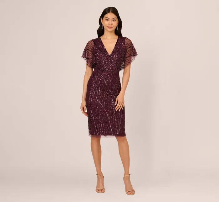 Adrianna Papell Wedding Guest Dresses Beaded Surplice Midi Dress With Dolman Sleeves In Deep Amethyst 8211 Women