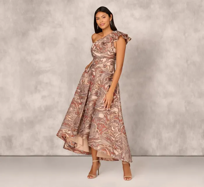 Adrianna Papell Wedding Guest Dresses Clipped Jacquard High Low Gown With Ruffle One Shoulder Neck In Rust Multi 8211 Women