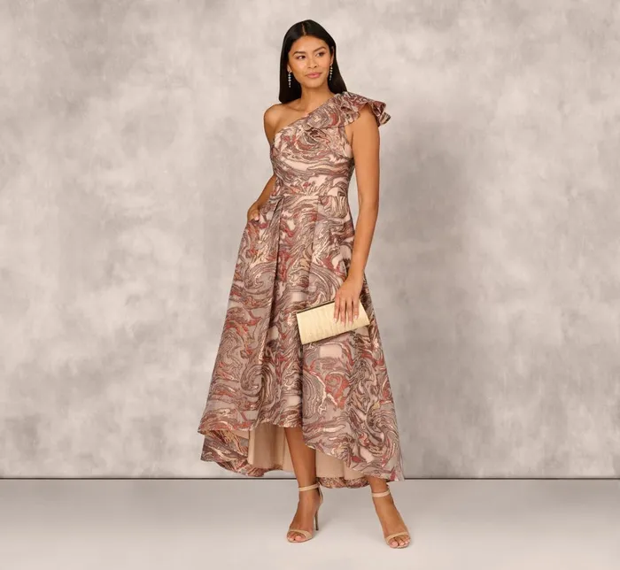 Adrianna Papell Wedding Guest Dresses Clipped Jacquard High Low Gown With Ruffle One Shoulder Neck In Rust Multi 8211 Women