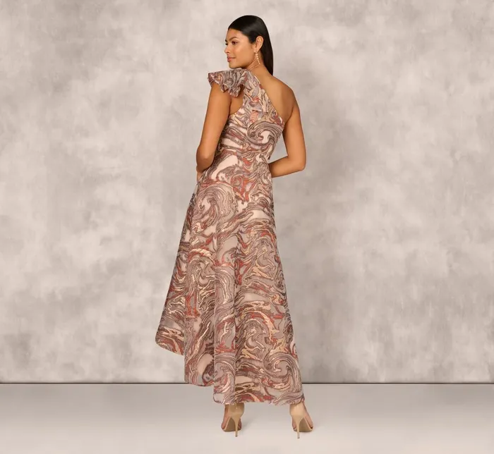 Adrianna Papell Wedding Guest Dresses Clipped Jacquard High Low Gown With Ruffle One Shoulder Neck In Rust Multi 8211 Women