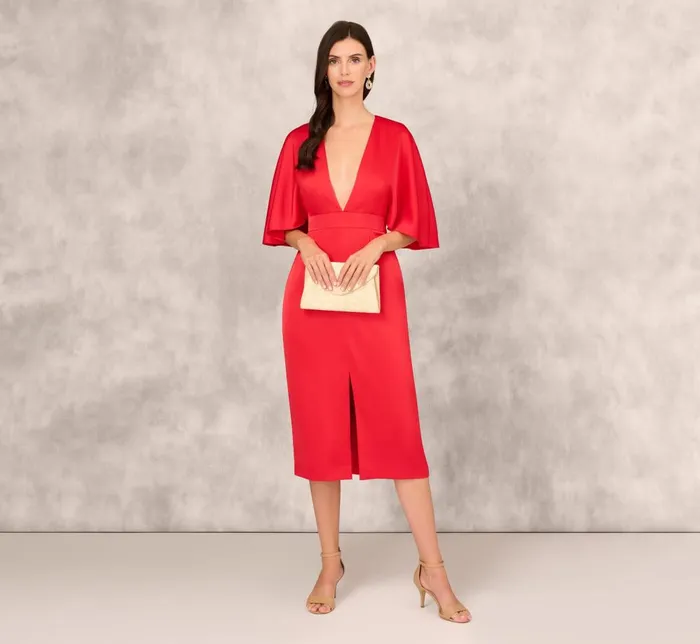 Adrianna Papell Wedding Guest Dresses Crepe Back Satin Midi Dress With Flutter Sleeves In Chateau Red 8211 Women