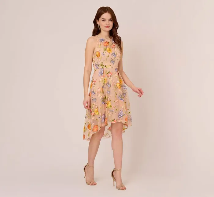 Adrianna Papell Wedding Guest Dresses Floral Embroidered Sleeveless Midi Dress With High Low Skirt In Yellow Orange Multi 8211 Women Adrianna Papell Wedding Guest Dresses Floral Embroidered Sleeveless Midi Dress With High Low Skirt In Yellow Orange Multi 8211 Women