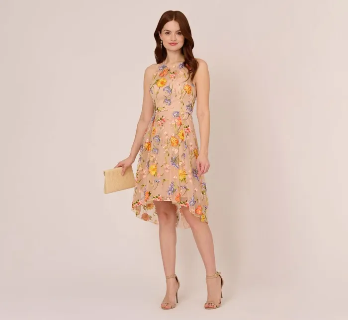 Adrianna Papell Wedding Guest Dresses Floral Embroidered Sleeveless Midi Dress With High Low Skirt In Yellow Orange Multi 8211 Women
