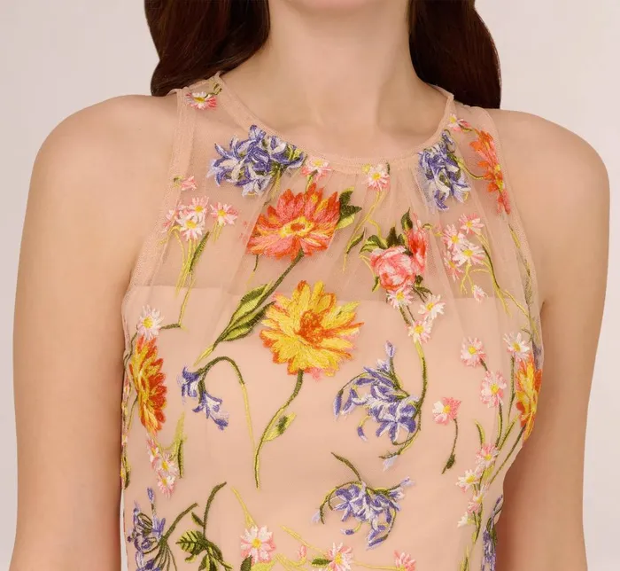 Adrianna Papell Wedding Guest Dresses Floral Embroidered Sleeveless Midi Dress With High Low Skirt In Yellow Orange Multi 8211 Women