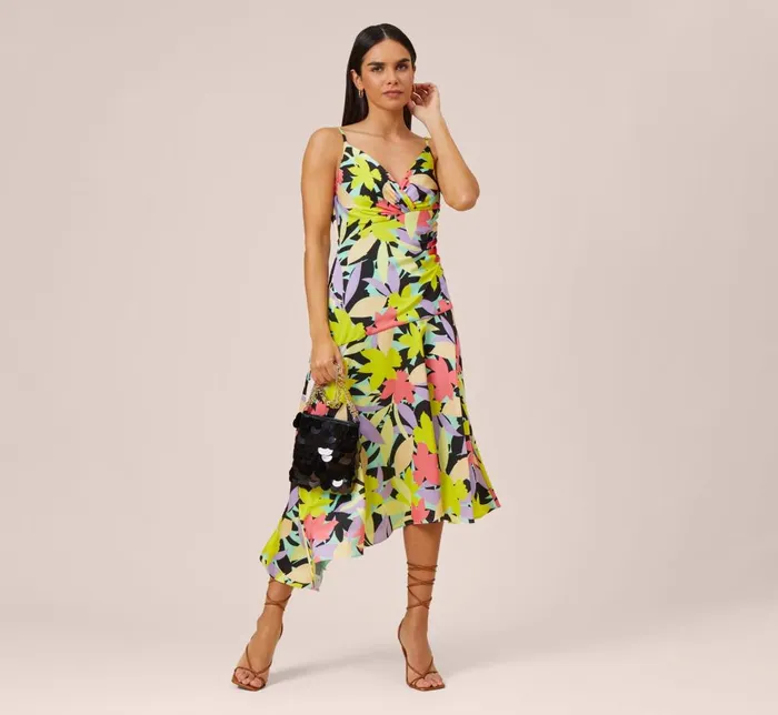 Adrianna Papell Wedding Guest Dresses FloralPrint Asymmetrical MidiLength Cocktail Dress In Coral Multi 8211 Women