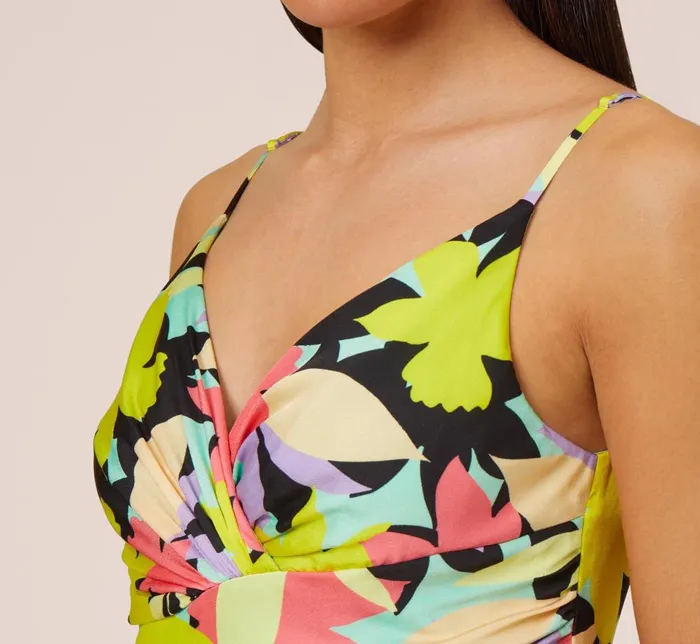 Adrianna Papell Wedding Guest Dresses FloralPrint Asymmetrical MidiLength Cocktail Dress In Coral Multi 8211 Women