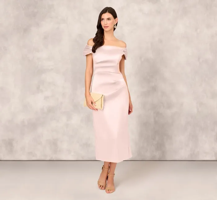 Adrianna Papell Wedding Guest Dresses Off The Shoulder Mikado Midi Dress With Pleat Details In Pale Blush 8211 Women