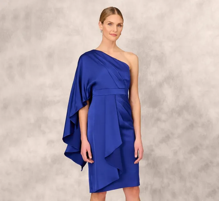 Adrianna Papell Wedding Guest Dresses OneShoulder Satin Draped Sheath Dress With Crepe Back And Cape In Royal Sapphire 8211 Women Adrianna Papell Wedding Guest Dresses OneShoulder Satin Draped Sheath Dress With Crepe Back And Cape In Royal Sapphire 8211 Women