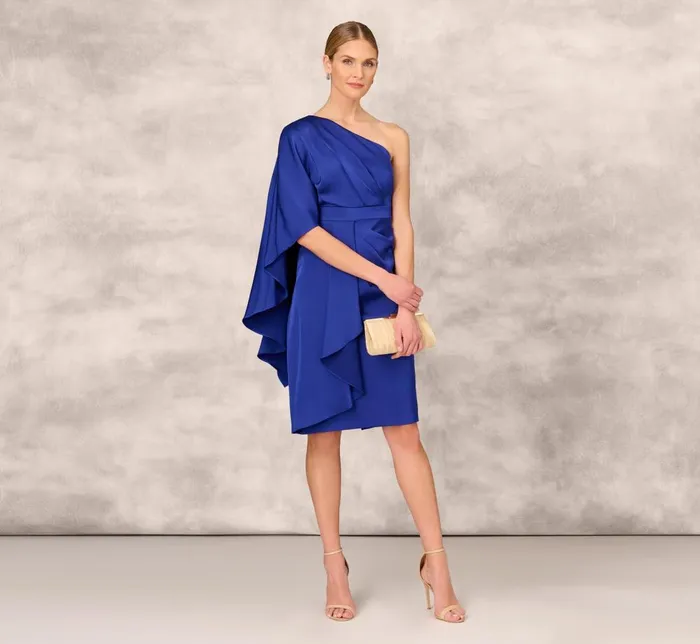 Adrianna Papell Wedding Guest Dresses OneShoulder Satin Draped Sheath Dress With Crepe Back And Cape In Royal Sapphire 8211 Women