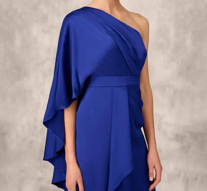 Adrianna Papell Wedding Guest Dresses OneShoulder Satin Draped Sheath Dress With Crepe Back And Cape In Royal Sapphire 8211 Women