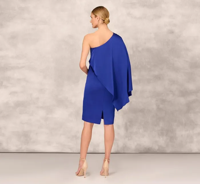 Adrianna Papell Wedding Guest Dresses OneShoulder Satin Draped Sheath Dress With Crepe Back And Cape In Royal Sapphire 8211 Women