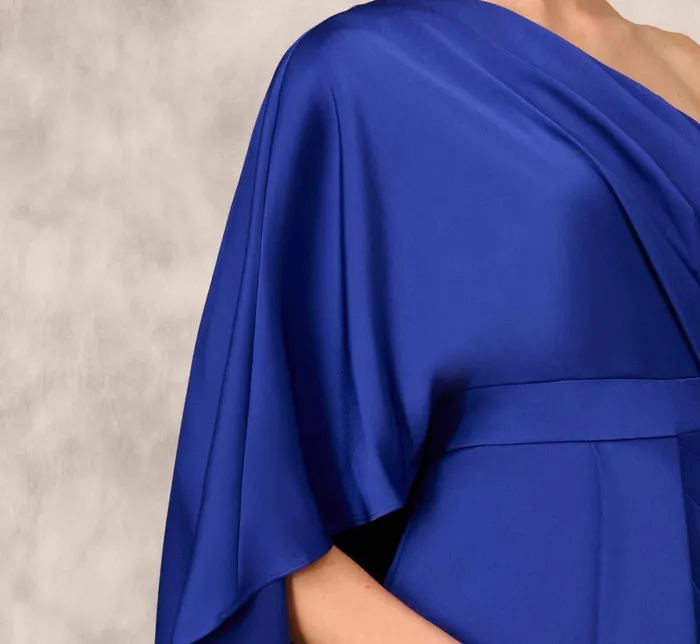 Adrianna Papell Wedding Guest Dresses OneShoulder Satin Draped Sheath Dress With Crepe Back And Cape In Royal Sapphire 8211 Women