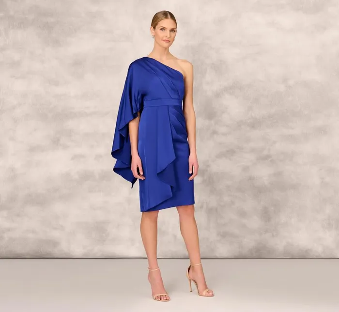 Adrianna Papell Wedding Guest Dresses OneShoulder Satin Draped Sheath Dress With Crepe Back And Cape In Royal Sapphire 8211 Women
