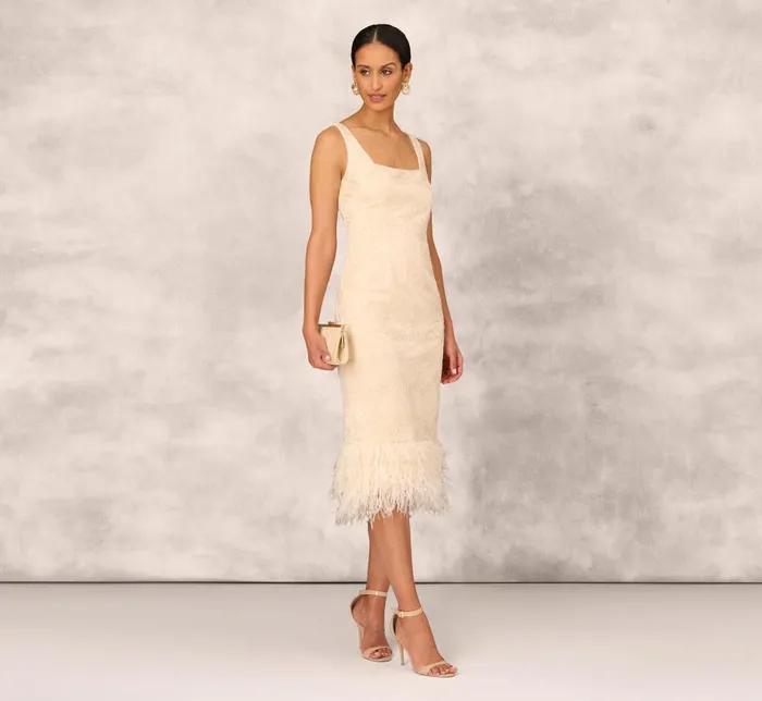Adrianna Papell Wedding Guest Dresses Sequined And Embroidered MidiLength Sheath Cocktail Dress With Feather Trim In Champagne 8211 Women