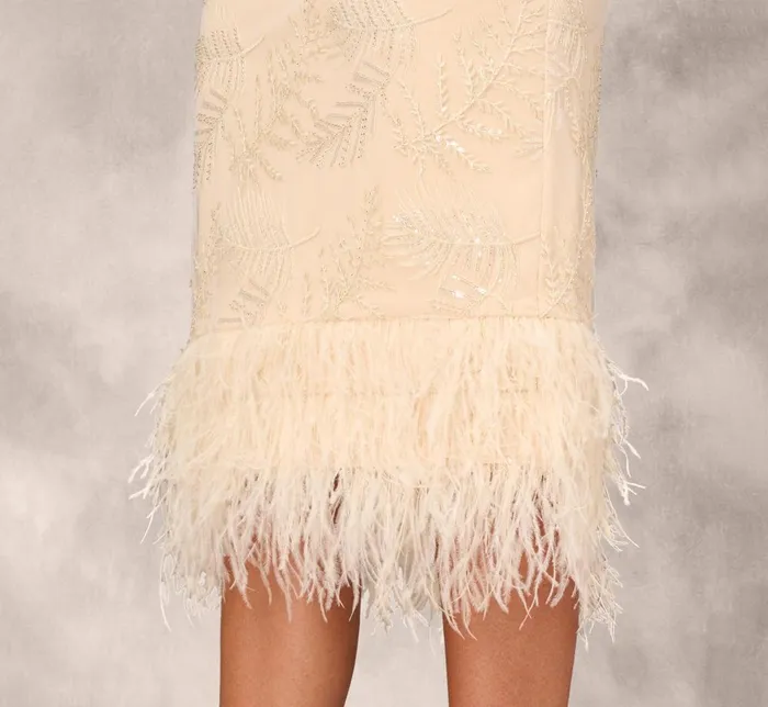 Adrianna Papell Wedding Guest Dresses Sequined And Embroidered MidiLength Sheath Cocktail Dress With Feather Trim In Champagne 8211 Women