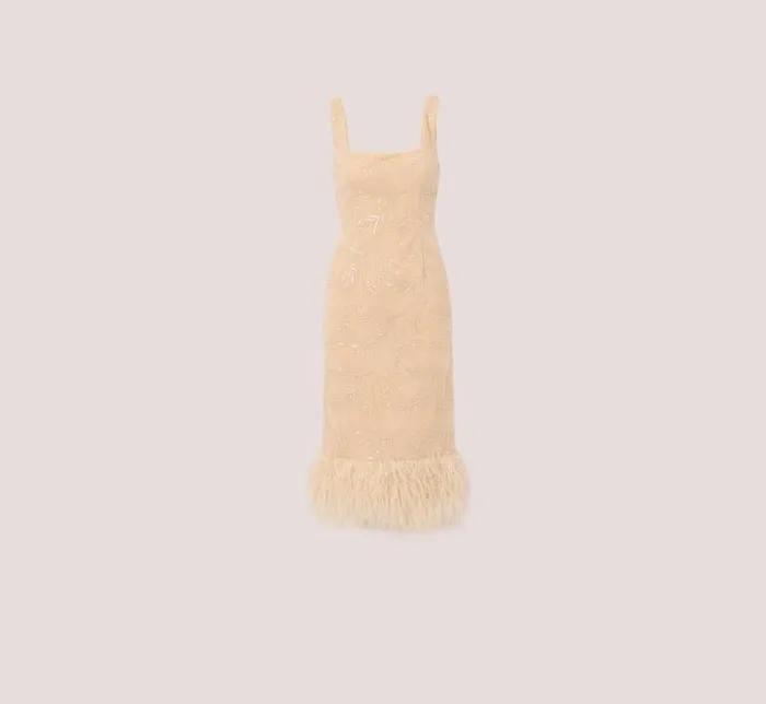 Adrianna Papell Wedding Guest Dresses Sequined And Embroidered MidiLength Sheath Cocktail Dress With Feather Trim In Champagne 8211 Women