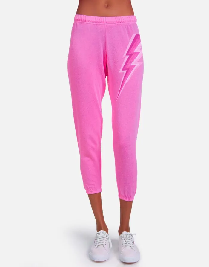 Alana X Pink Lightning Bolt Neon Pink Women039s Lauren Moshi Crop Sweatpants
