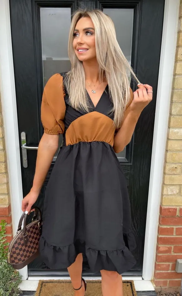 Aliya Black and Rust Colour Block Short Sleeve Shift Dress Women Missfiga Skater Dresses